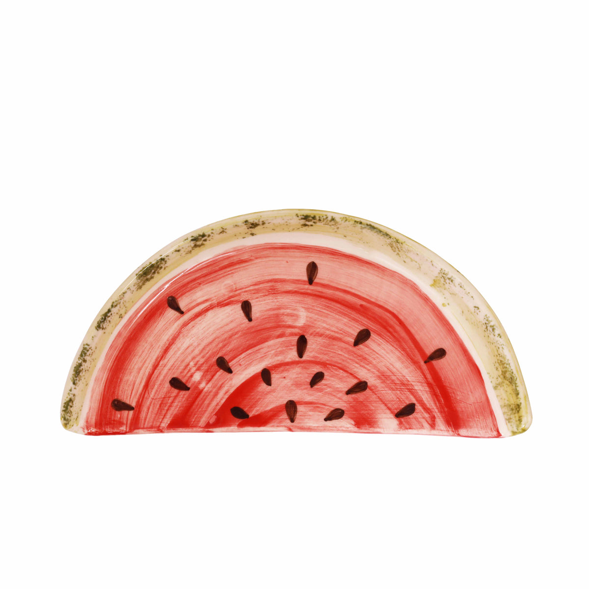 A ceramic watermelon slice plate on a solid white background.