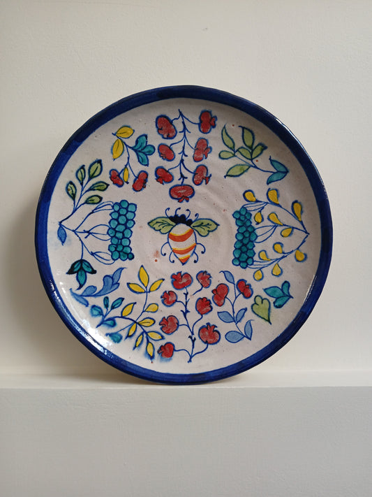 Hand-painted Ceramic Plate with Bee and Floral Motifs